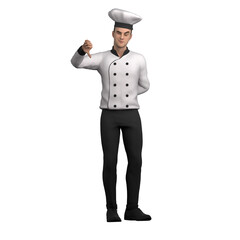Culinary Male Chef. A male chef shows a thumbs down gesture, indicating dissatisfaction or rejection of the cooking result or a certain situation. 3D Professional Character