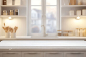 Fototapeta premium A modern kitchen with a clean countertop and organized shelves, creating a bright and inviting cooking space.