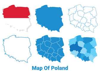 Poland Maps in different style political map flag outline vector illustration set