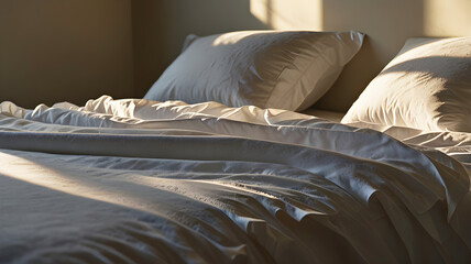close up of a unmade bed bathed in natural light