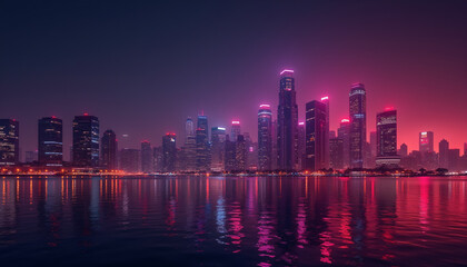 Fototapeta premium City Skyline with Neon Pink Reflections on Water