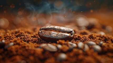 Roasted coffee bean rests on aromatic ground coffee. Concept of freshness and brewing.