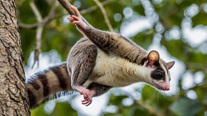 Obraz premium Close up snap of a sugar glider preparing to jump from one tree to another