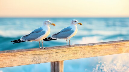 Seagulls perched on a wooden railing by the sea, waves crashing below, capturing the freedom of coastal wildlife