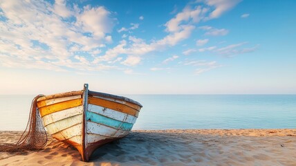 Weathered wooden boat on a sandy shore, faded paint and fishing nets draped over the sides, symbolizing a rustic nautical life