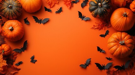Halloween Flat Lay with Pumpkins and Bats on Orange Background