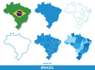 Brazil Maps in different style political map flag outline vector illustration set