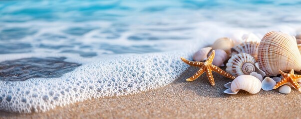 Seashells and starfish scattered on wet sand, with gentle waves washing over, capturing the essence of the ocean s treasures