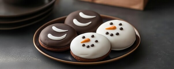 Chocolate-covered snowman cookies on a winter-themed platter, festive dessert
