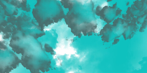 Obraz premium Abstract Watercolor shades blurry and refocused Cloudy Blue-Sky Background, colorful watercolor background of abstract sunset sky with puffy clouds in bright green and blue color design. 