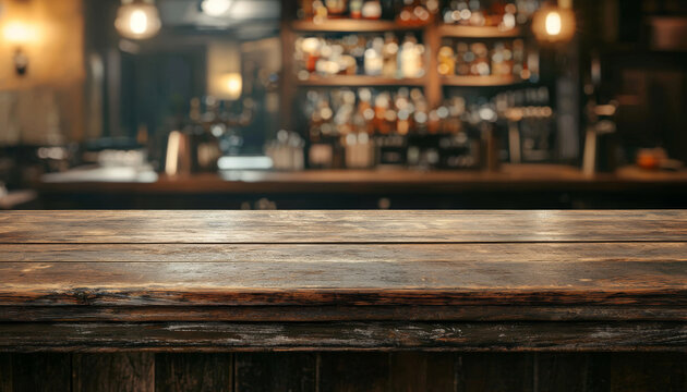 A rustic wooden bar countertop in a cozy tavern setting with shelves of various bottles in the background.