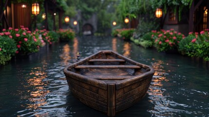Obraz premium Serene wooden boat floating in illuminated garden canal