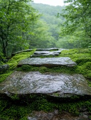 Lush green forest landscape with mossy rocks and flowing water