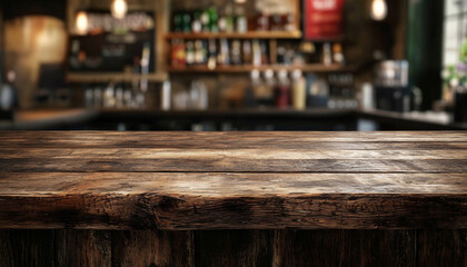 A rustic wooden bar countertop in a dimly lit pub, showcasing a backdrop of shelves filled with bottles.