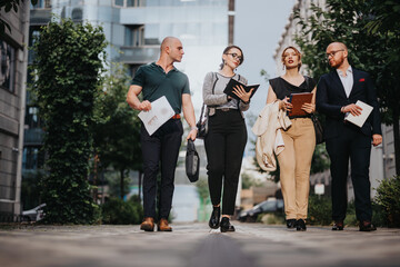 A group of young professionals walking and discussing business outdoors in a modern urban environment. They appear engaged and focused.