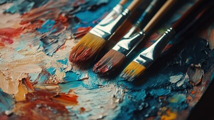Fototapeta premium Three Paintbrushes on a Palette with Vibrant Colors