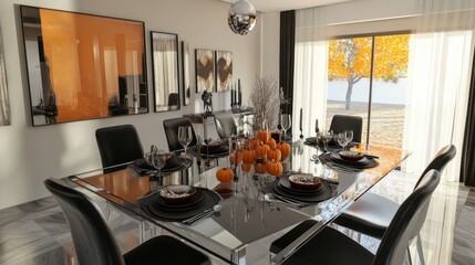 Elegant Autumn-Inspired Dining Room with Stunning Lakeside View