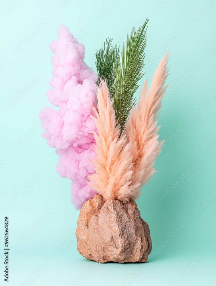 Wall mural Vibrant nature display with pink smoke and pampas grass