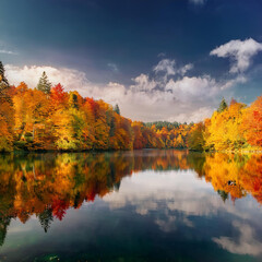 Fototapeta premium A tranquil lake surrounded by colorful autumn trees.
