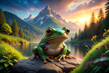 Green Frog Sitting on a Rock by a Mountain Lake at Sunset