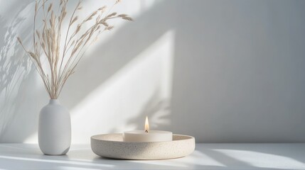 White Candle and Dried Flowers in a Vase on a White Table