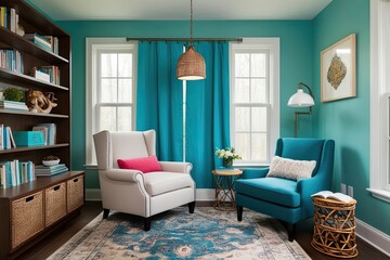Trendy Reading Nook with Reclined Armchair, Turquoise Backdrop, and Cozy Seating