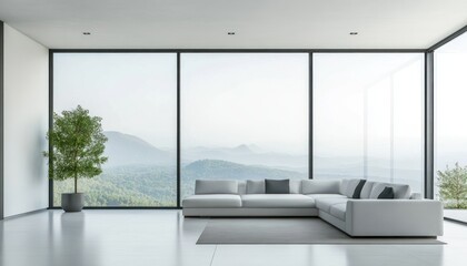 Fototapeta premium Modern Living Room with Mountain View and Sectional Sofa