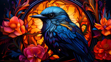 Obraz premium Intricate floral design to realistic birds portrait.