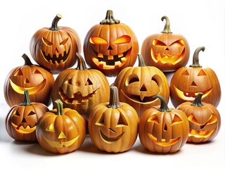 A collection of spooky and playful jack-o'-lantern faces with varying expressions, from friendly to frightening, on a white background, ready for Halloween printing.