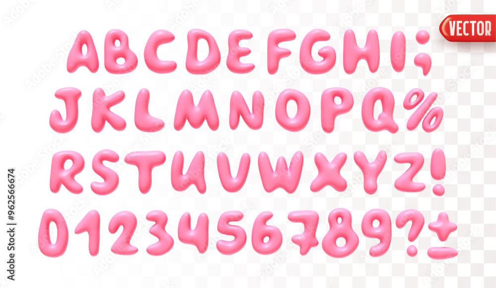 Poster Plastic 3d realistic font liquid shapes pink color. A set of letters and numbers isolated on a white background with a transparency effect. vector illustration
