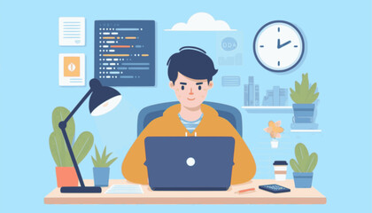 Flat Vector Programmer at Desk with Laptop in Office