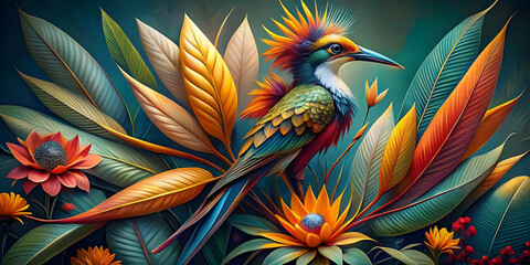 Fototapeta premium Intricate floral design to realistic birds portrait.
