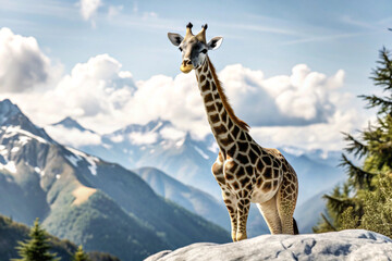 Obraz premium A lone giraffe standing on a mountain ridge with a view of snowy peaks and clouds