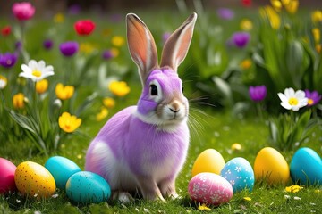 Vibrant Easter Bunny in a Blooming Meadow Surrounded by Colorful Eggs