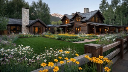 A stunning mountain home surrounded by vibrant flowers and lush greenery, perfect for nature lovers and architectural enthusiasts.