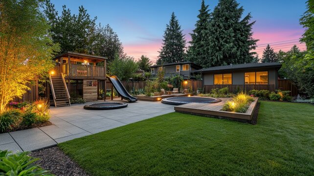 Charming backyard playground with a slide, patio, and lush garden set against a colorful sunset sky.