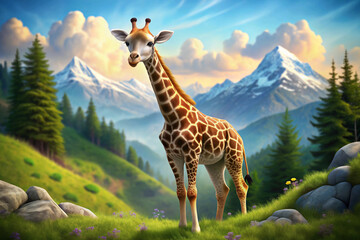 Obraz premium A Giraffe Standing on a Mountain Meadow