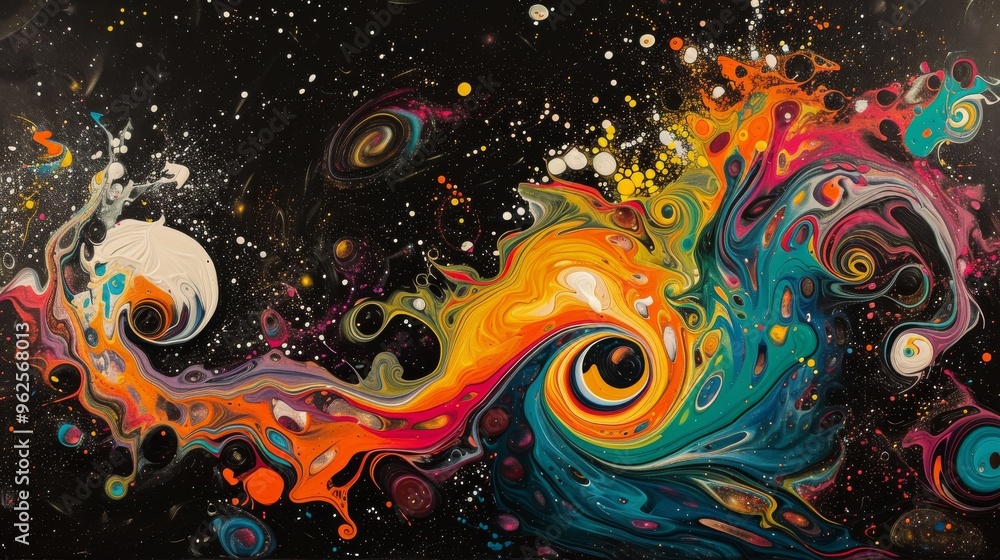 Poster dynamic abstract artwork depicting a vivid space scene with swirling galaxies in vibrant colors. the
