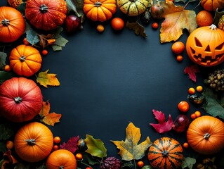 Autumn scene featuring assorted pumpkins, vibrant leaves, and a carved jack-o'-lantern, ideal for Halloween and fall themes.