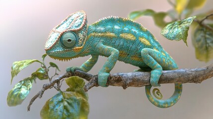 Obraz premium Vibrant chameleon perched on a branch, showcasing its unique colors and patterns amidst lush green leaves. Perfect for nature lovers.