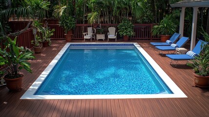 Serene backyard oasis featuring a sparkling pool surrounded by lush greenery and comfortable lounge chairs.
