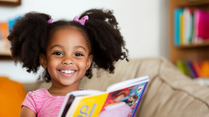 Close up of a cute little black girl, about 4 years old, with her hair tied in two ponytails, smiling brightly while sitting on a couch reading a book.