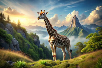 Obraz premium A Giraffe Stands on a Mountain Ridge with a Misty Valley Behind It