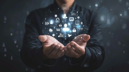 Businessman holding an assessment icon surrounded by tech symbols, representing data-driven decisions, analysis, and continuous improvement.

