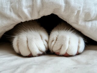 Cozy cat paws under blanket