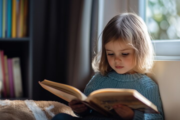 Portrait of a young girl sitting against a wall under a window in her room, reading a book.