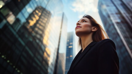 
A low-angle side profile of a confident and professional young American businesswoman standing among a forest of tall buildings, looking up.
