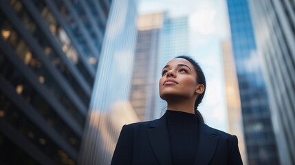 Low angle profile of confident and professional young African American black female businesswoman looking up while standing among skyscrapers.