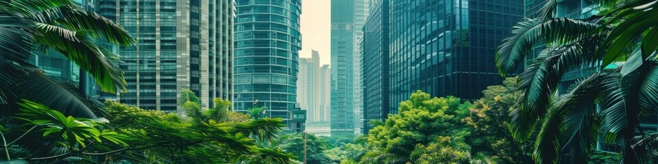 Obraz premium Contemporary High-Rise Buildings Encircled by Verdant Foliage in City Environment