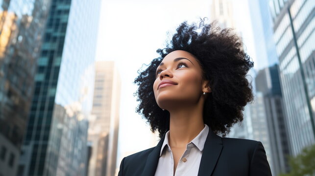 Low angle profile of confident and professional young African American black female businesswoman looking up while standing among skyscrapers.